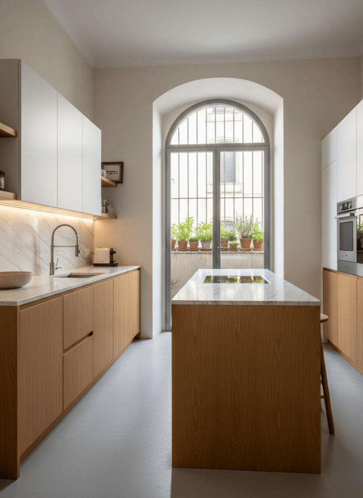 A bright, newly renovated Italian kitchen designed for Israeli clients, combining warm natural oak cabinetry with matte white upper units and a long, elegant marble-look island. The backsplash is a continuous slab of pale stone with delicate veining, lit by an invisible LED strip that washes the wall in soft, warm light. Large steel-framed French doors open to a small terrace with potted Mediterranean herbs. Morning sunlight reflects gently off the brushed metal fixtures and integrated appliances. Photographed from a slightly elevated angle with sharp focus throughout, the composition showcases functional planning, fine joinery details, and the seamless integration of modern comforts into a historic Italian apartment shell, conveying trust, precision, and high-end project management.