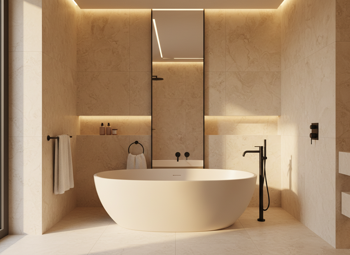 A luxurious Italian bathroom renovation with large-format travertine tiles, a freestanding oval bathtub in warm white, matte black fixtures, and soft indirect lighting. Clean minimalist design with a tall mirror and subtle shelf niche. Warm Mediterranean afternoon light. Photographic realism, wide lens, eye level.